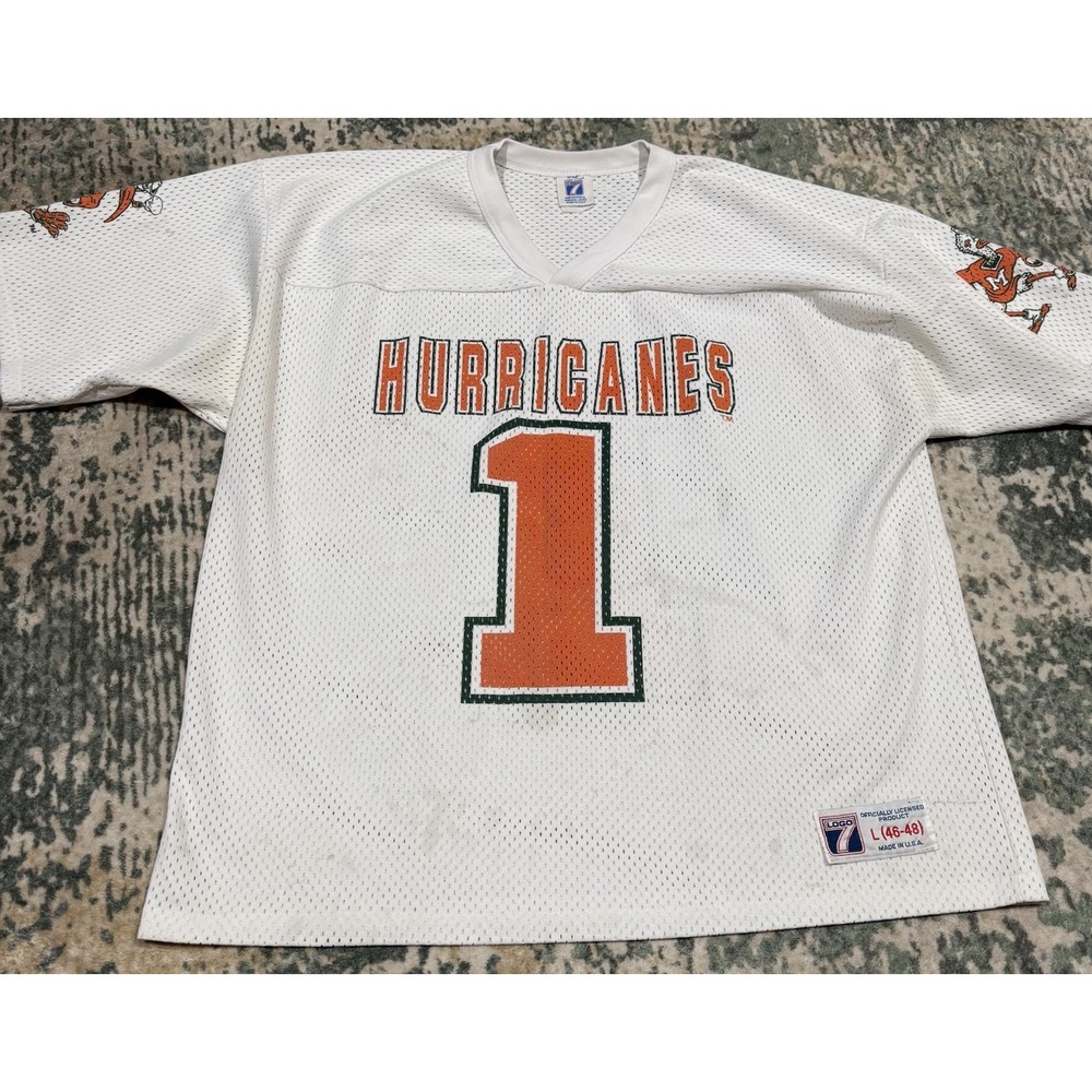 Vintage 90s Miami Hurricanes Logo 7 Mesh Football Jersey #1 White Size L USA